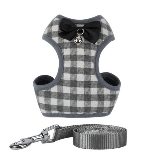 HKM-796307 Plaid Small Dog Vest-style Harness with Leash, Made of Napped and Mesh Cloth