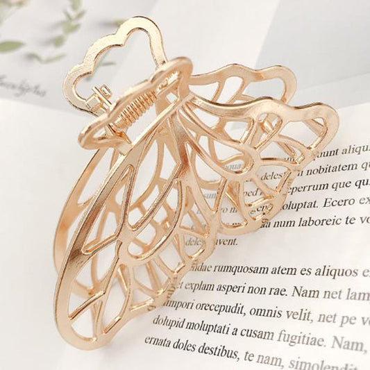 HKM-376787 Dongdaemun Minimalist Metal Clip Hair Claw - Gold-Plated Duck Clip with Flower and Shell Design