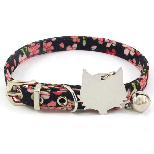 HKM-365715 Double-Sided Laser Engraving Flower Pattern Cat Collar with Copper Bell