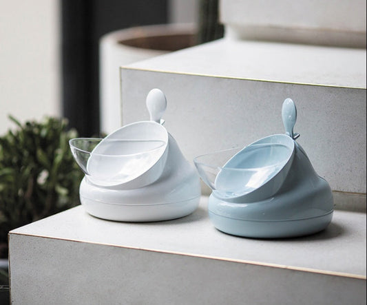 HKM-111763 Double Bowl Oblique Mouth Bowl in Cream Blue and Ash Iceberg White, Medium Size