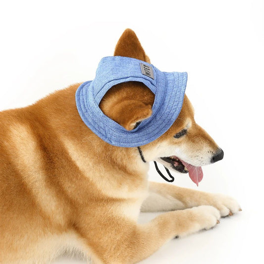 HKM-374291 Denim Sun Cap with Ear Holes for Medium and Small Dogs ¨C Adjustable Canvas Visor for Outdoor Protection