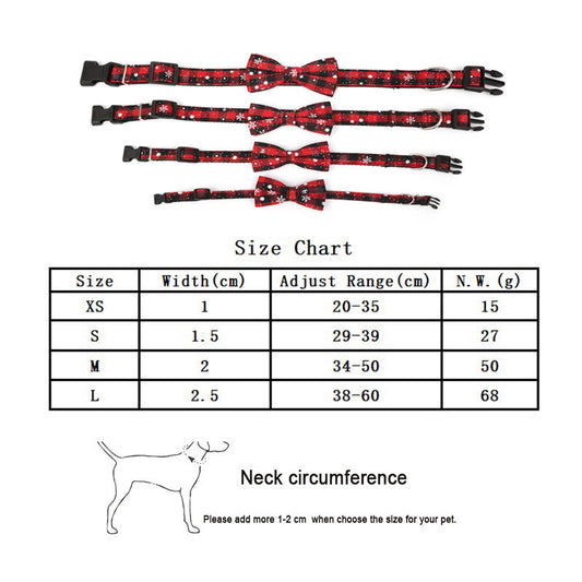 HKM-354195 Christmas Snowflake and Red Bow Adjustable Dog Collar - Terylene, Various Widths and Sizes Available