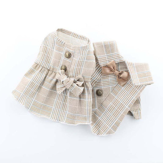 HKM-812307 Khaki Pet Suit Dress for Cats and Dogs - Stylish British-Inspired Skirt Outfit