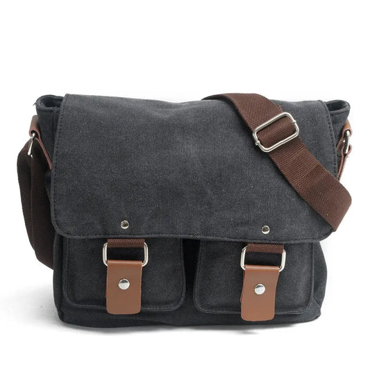 HKM-564627 Unisex Retro Canvas Crossbody Camera Bag with Cowhide Leather Trim