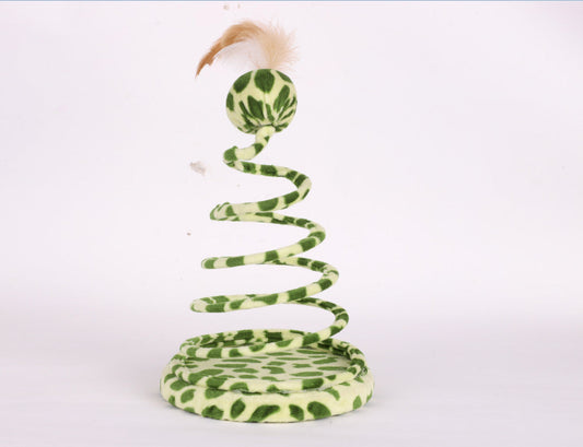 HKM-435347 Plush Spring Snake Cat Toy with Feather and Ball - Leopard Green, 25cm