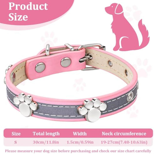 HKM-447699 Reflective Adjustable PU Leather Dog Collar with Paw Rivet for Small to Large Dogs and Cats