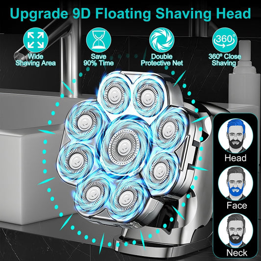 HKM-055187 6-in-1 Cordless Rechargeable 9D Electric Head Shaver for Men with LED Display and Travel Lock