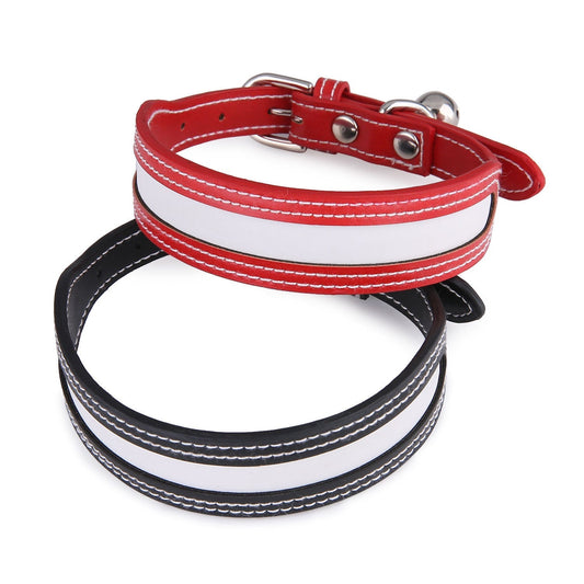 HKM-921299 Reflective Outdoor Pet Collar with Bell - Red and Black PU Material for Cats and Dogs, Fits Neck Circumference 25-32cm