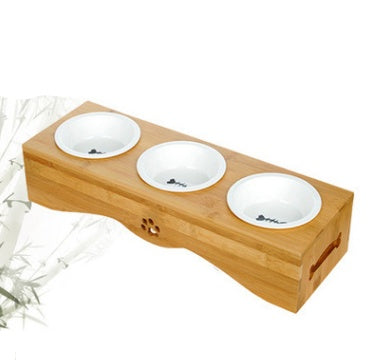 HKM-435987 Bamboo and Stainless Steel Dog Bowl Holders – Single, Double, and Triple Bowls for All Pet Sizes