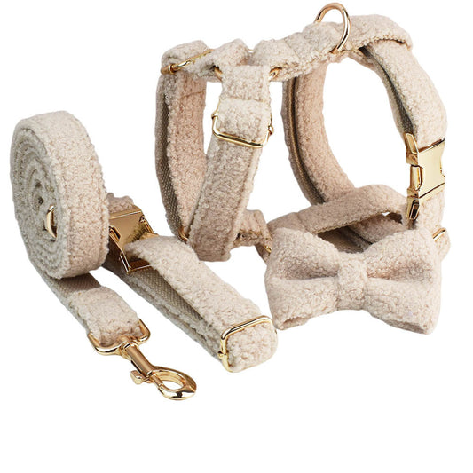 HKM-881939 Minimalist Cream Pet Collar and Harness Set with Leash and Bow for Dogs