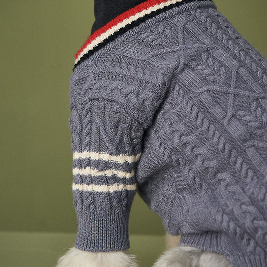 HKM-035603 Trendy Casual Wool Sweater for Dogs - Dark Gray and Apricot Cardigan with Three Bars