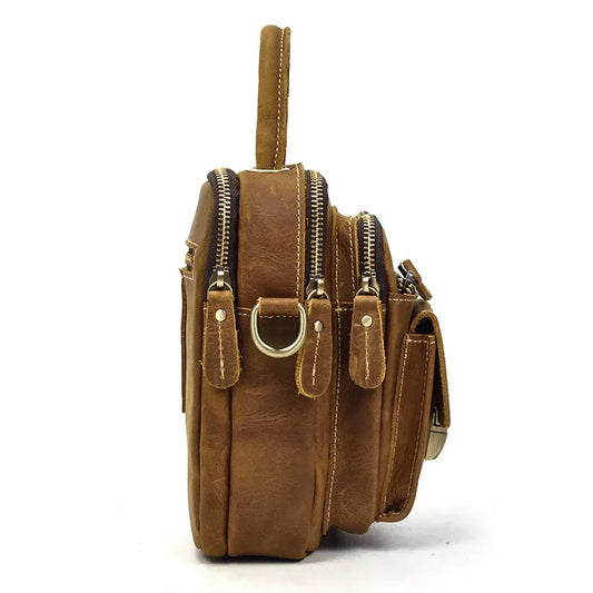 KTX-217875 Retro Crazy Horse Leather Waist Bag for Men - Waterproof Messenger Shoulder Bag in Light/Dark Brown