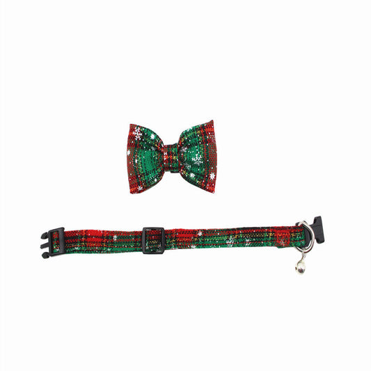 HKM-010707 Comfortable Polyester Dog Collar with Detachable Bowknot and Bell - Soft Velvet, Adjustable Size for Cats and Puppies, Snowflake Design