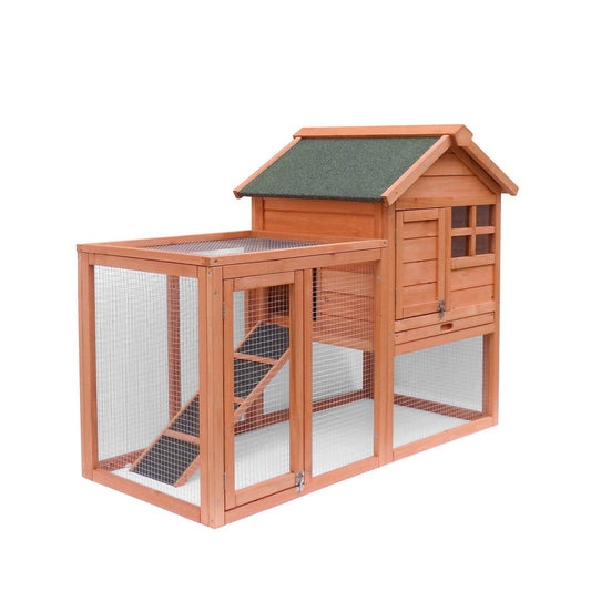 HKM-297171 Wooden Rabbit House with Slant Roof and Slide Out Tray for Easy Cleaning - 48x36x24.8 inches