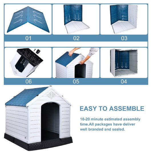 HKM-727763 Durable Insulated Plastic Dog House with Elevated Floor and Ventilation for Small to Large Dogs - 29 Inch, Blue