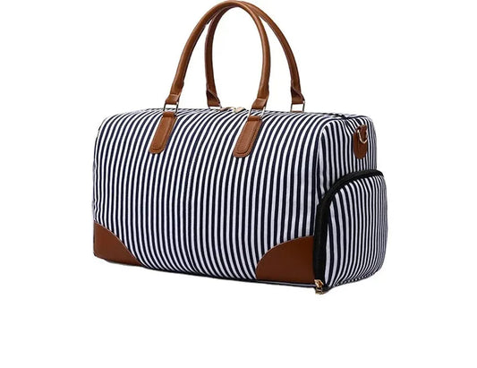 HKM-122387 Large Capacity Striped Canvas Travel Handbag with Leather Accents - Durable Shoulder Messenger Bag for Women