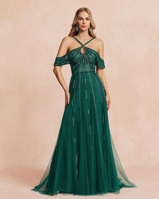 HKM-855763 Elegant Green Women's Evening Gown with Flowing Silhouette