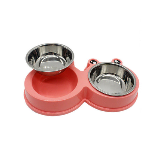 JMT-952842 Double Pet Bowl - Durable ABS & Stainless Steel Food and Water Container in Pink, Green, or Blue, Easy to Clean, 28 x 11.5 x 4 cm
