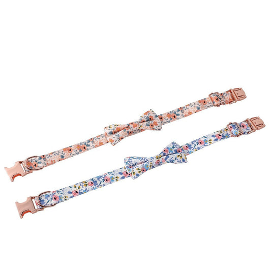 HKM-545043 Floral Cotton Dog Collar with Rose Gold Buckle in Blue and Orange - Multiple Sizes Available
