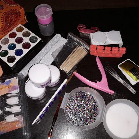 HKM-610515 Comprehensive Nail Tool Set with 12 Color Glitter and Essential Accessories