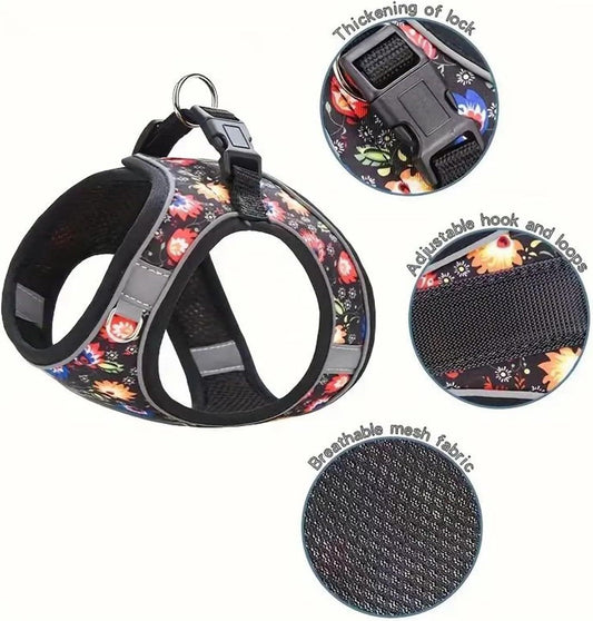HKM-070803 Adjustable No Pull Dog Harness with Soft Mesh Padded Vest and 5ft Leash - Reflective, Comfortable, Floral Design for Small to Medium Dogs
