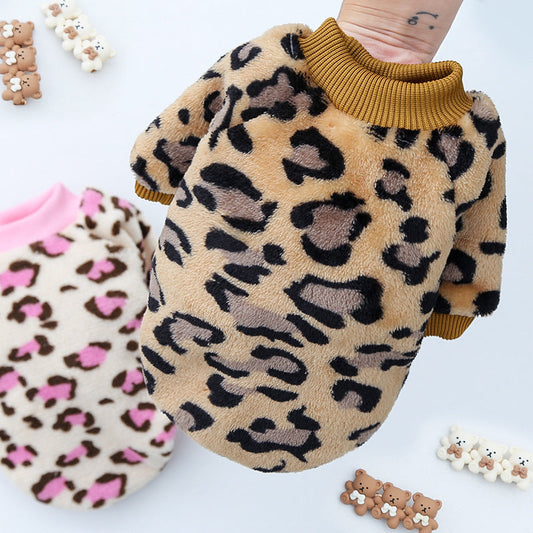 HKM-2131773 Warm Coral Fleece Pajamas for Dogs in Brown and Pink Leopard Prints