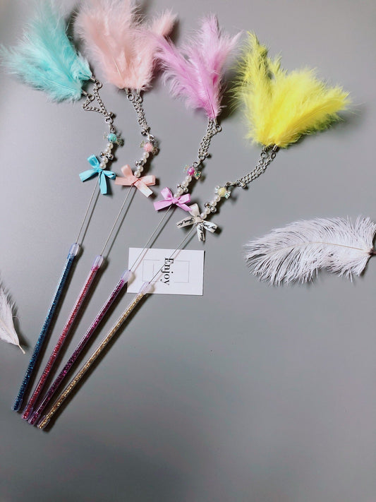 HKM-5699133 Handmade Cowhide Cat Stick Toy in Blue, Pink, Purple, and Yellow