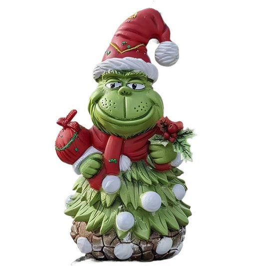 HKM-002195 Christmas Green Fur Snowman Decoration - Charming Resin Home Ornament for Holiday Celebrations
