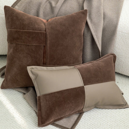 HKM-005715 Vintage Flannel Pillow Cover Set with Rex Rabbit Fur and Suede Accents, Multiple Sizes