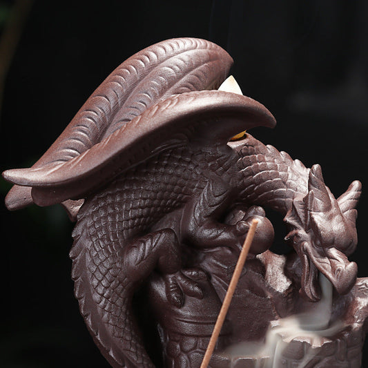 HKM-006483 Ceramic Incense Burner with Flying Dragon and Mountain Water Design, 11cm Long and 15cm High