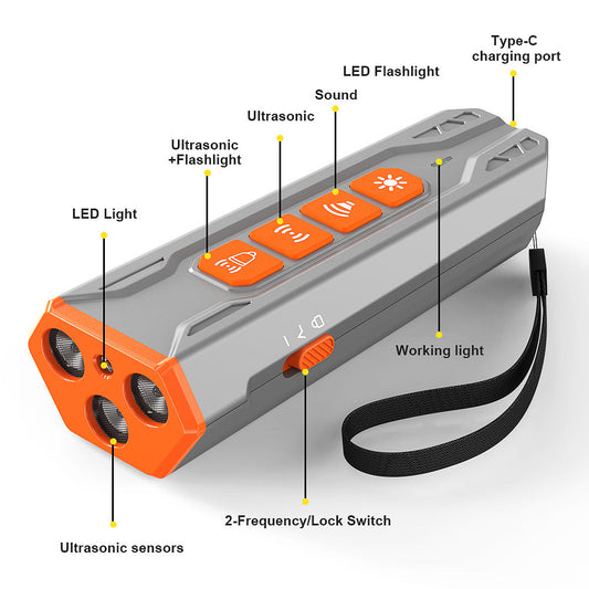 HKM-009683 Three Head Ultrasonic Dog Trainer - Gray Orange and Black Orange, ABS Material