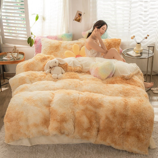 HKM-019219 Mink Velvet Four-Piece Thickened Warm Bedding Set - Princess Style with Colorful Prints