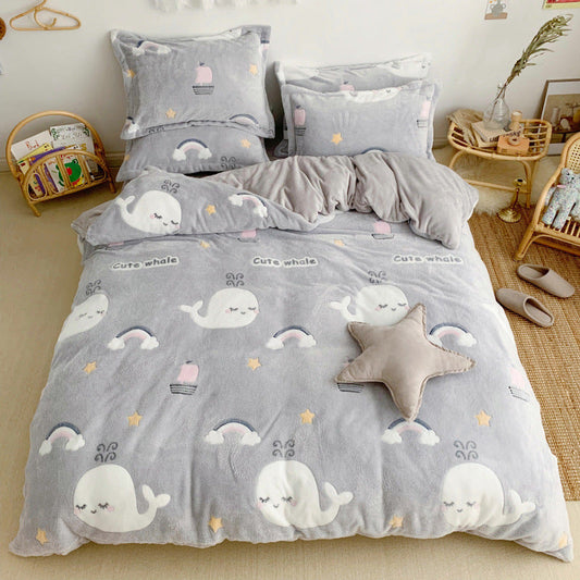 HKM-030099 Cartoon Snow Fleece Bedding Set - Thick and Warm 4-Piece Collection in Various Sizes