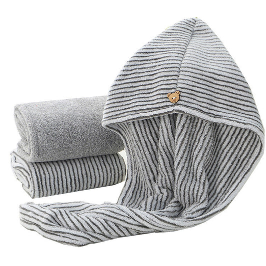 KTX-030995 Bamboo Charcoal Fiber Hair Towel - Coral Velvet Material in Gray and Striped Design