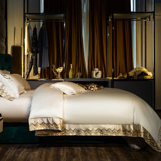 HKM-038483 Silk Cotton Embroidery Four-Piece Bedding Set in Solid Color - Long-Staple Cotton, Standard and Plus Sizes Available
