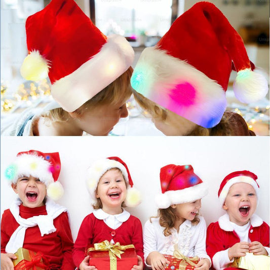 HKM-039763 Luminous Plush Christmas Hat with LED Lights for Adults and Kids - Warm White & Colored Options