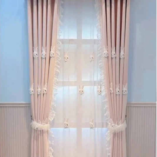 KTX-040019 Plush Pink Rabbit Curtains for Children's Rooms with High Shading and Embroidery