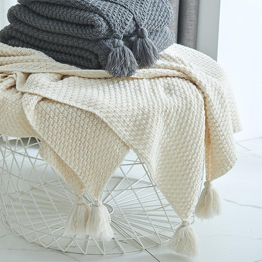 HKM-040787 Tassel Knitted Office Nap Blanket in Soft Imitation Cashmere - Available in Multiple Colors and Sizes
