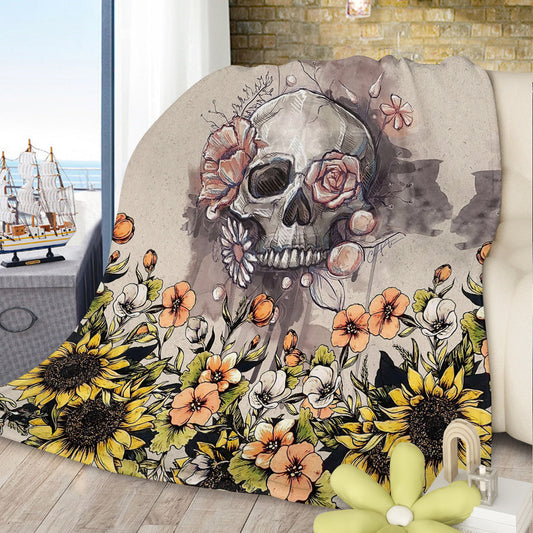 HKM-056595 Rustic Skull and Sunflower Flannel Throw Blanket - Soft Plush Fleece for Couch, Bed, and Car - Multiple Sizes Available