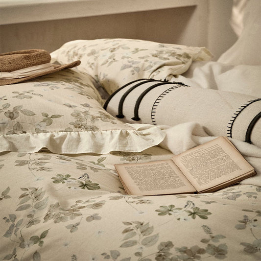 HKM-065171 Floral Cotton and Linen Yarn-Dyed Bedding Set - Quilt Cover, Bed Sheet, Pillowcases