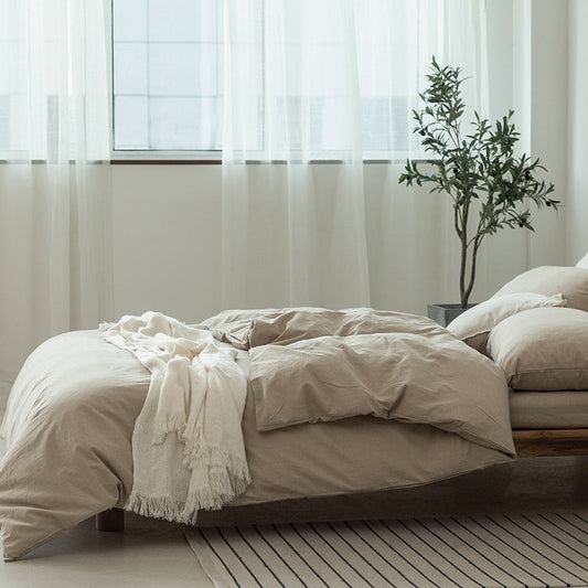 HKM-067475 Washed Cotton Four-Piece Bedding Set in Japanese Muji Style - Solid Color Options