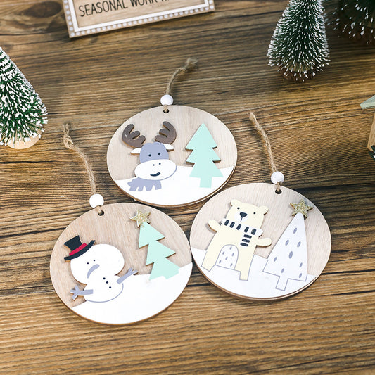 HKM-068243 Wooden Christmas Ornament Plaque Pendant - Elk, Bear, Snowman - 10cm x 10cm