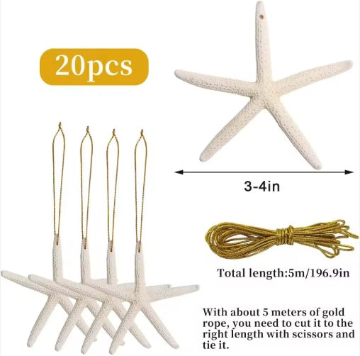 HKM-071059 20 Pack Natural Starfish Ornaments with Rope for Home and Holiday Decor