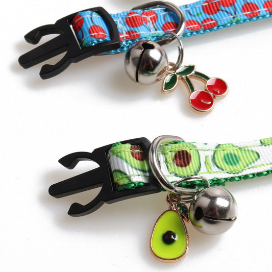 HKM-073107 Fruit-Themed Adjustable Polyester Cat Collar - Avocado, Pineapple, Watermelon, Cherry, Strawberry