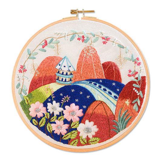 HKM-074387 DIY Pastoral Style Landscape Su Embroidery Fabric Bag Kit - Linen Material, Ideal for Home Decoration