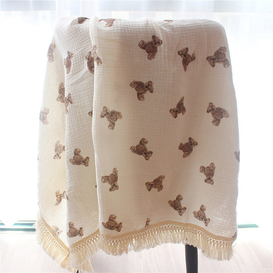 HKM-074707 Cotton Bear Tassel Stroller Blanket for All Seasons - Soft and Cozy Cover