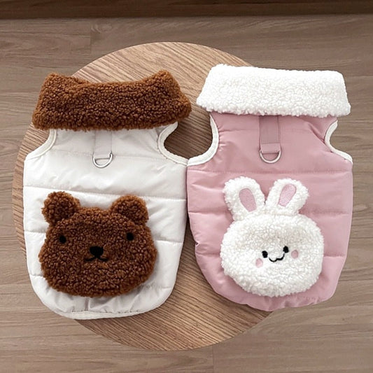 HKM-084435 Cotton-Padded Dog Jacket in White Bear and Pink Rabbit - Multiple Sizes Available