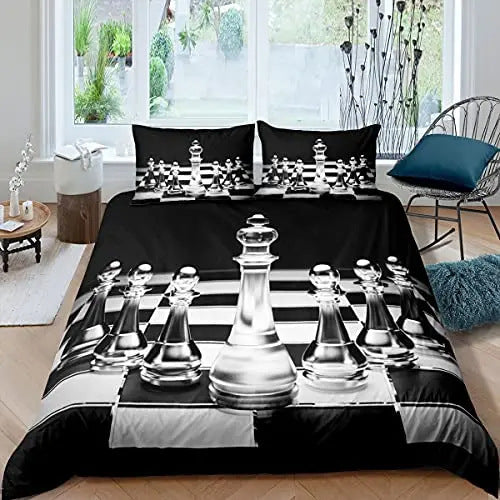 HKM-085587 Modern Striped Chess Pattern Quilt Cover Set - Multiple Sizes Available, Three-Piece and Two-Piece Options