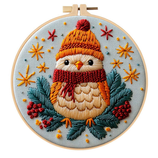 HKM-086739 Christmas Winter Landscape Bird Embroidery DIY Kit with Cotton and Linen Materials