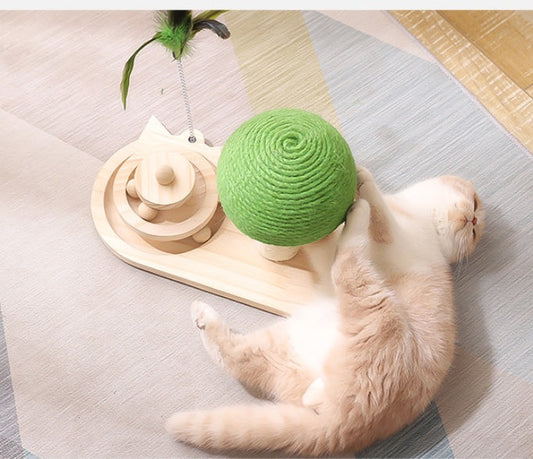 HKM-094099 Interactive Wooden Cat Tree with Double Sisal Balls for Claw Scratching and Playtime